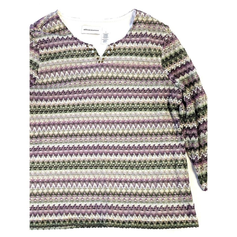 Alfred Dunner Womens Purple Green Zigzag Knit 3/4 Sleeve Embellished Top Size L